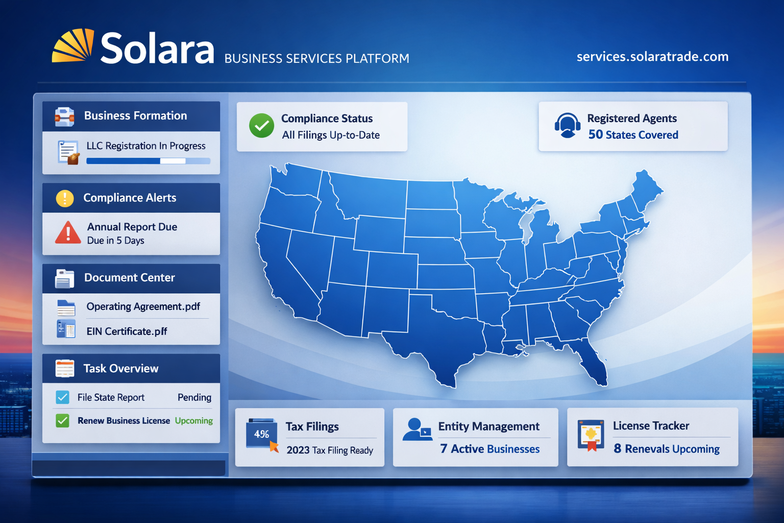 How Solara’s All-in-One Platform Streamlines Business Formation and Compliance Across All 50 States Discover how Solara Business Services Platform simplifies business formation, registered agent services, and ongoing corporate compliance across all 50 states with transparent pricing and reliable support tailored for entrepreneurs and businesses of all sizes.