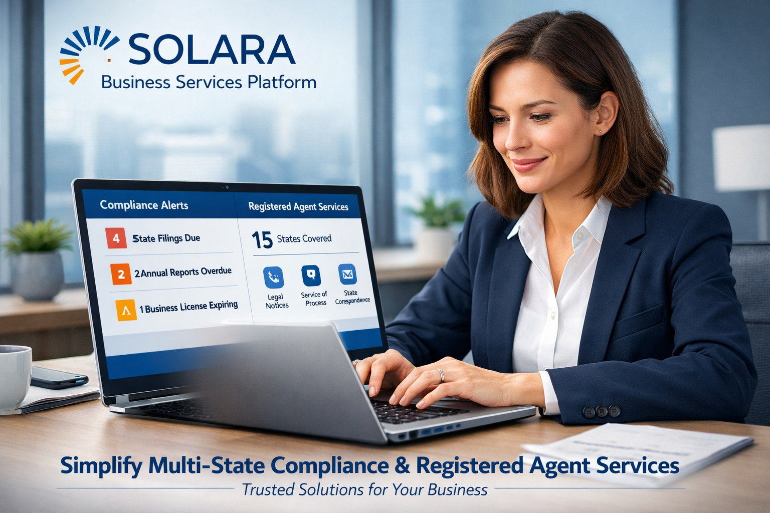 Managing business compliance across multiple states can be complex and time-consuming. Discover how Solara’s unified platform streamlines multi-state business services, registered agent solutions, and compliance management to empower your business growth.